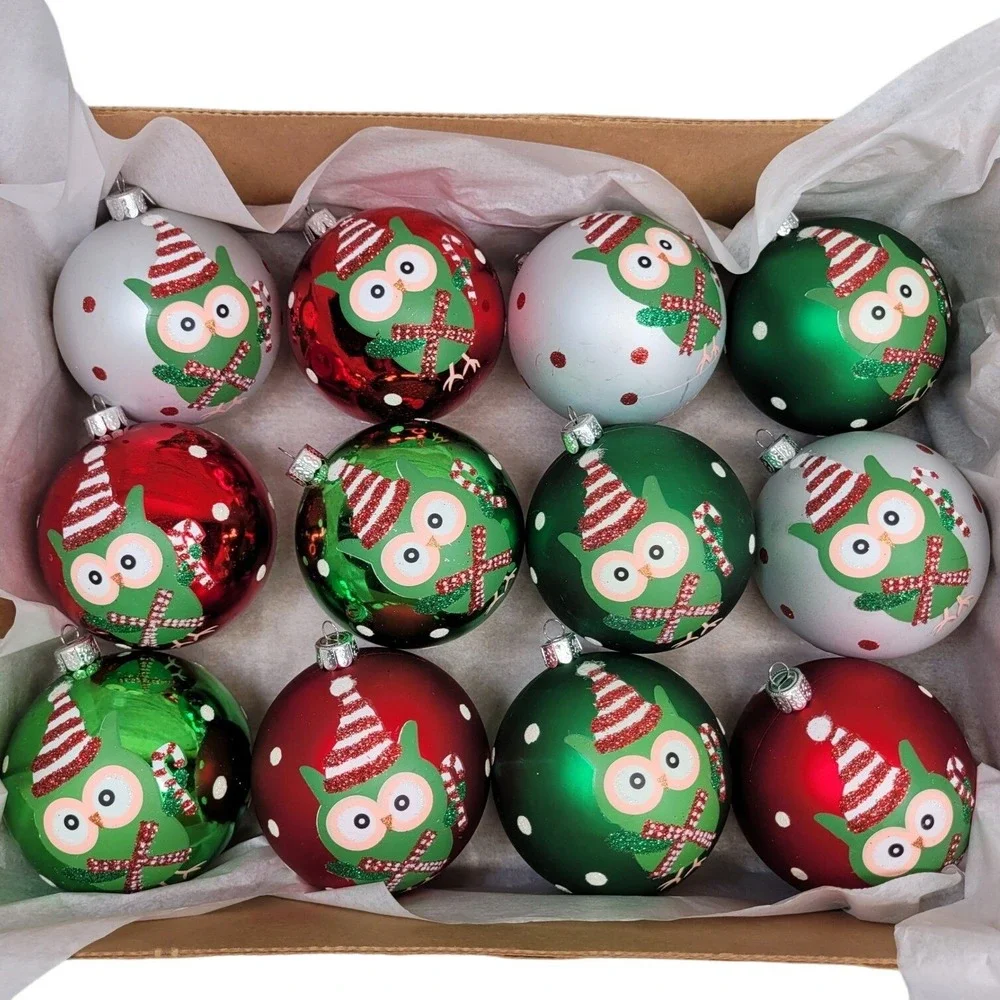 12 Owl Christmas Ornaments Red Green Silver Holiday Decor‎ Glitter Bird Nature